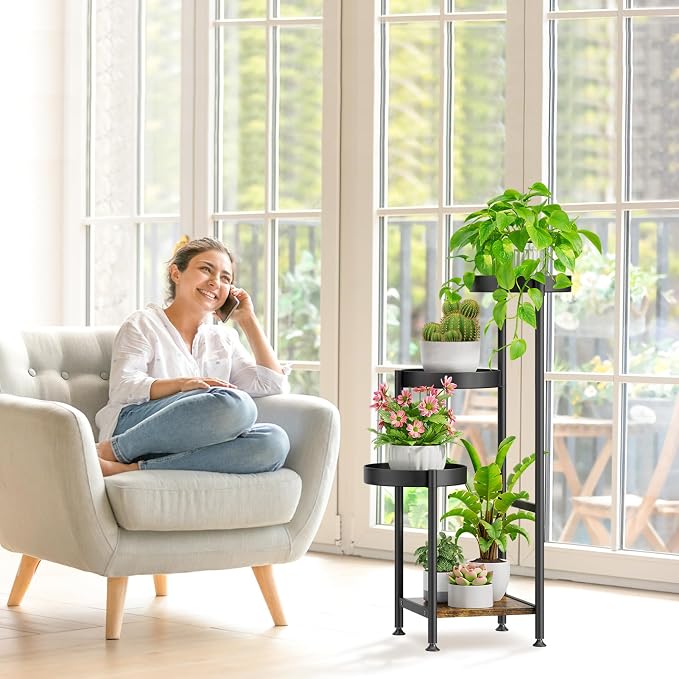 Oppro Plant Stand Set of 2, Tiered Metal Wood Corner Planter Stands Flower Shelf for Indoor Outdoor Plants