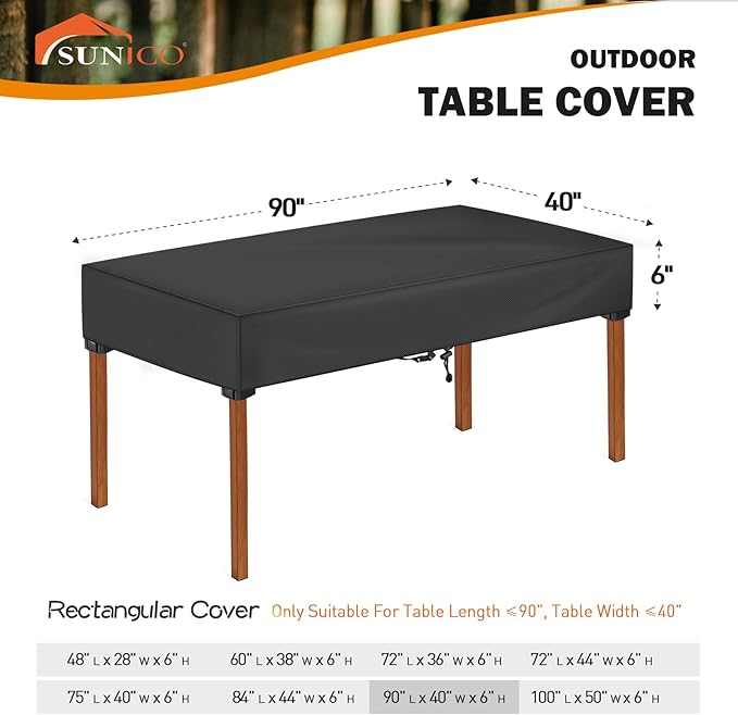 SUNICO Rectangular Outdoor Table Covers Waterproof, Anti-UV Patio Table Cover for Outdoor Furniture, Windproof Outside Dining Table Cover, Patio Furniture Cover 90" L x 40" W x 6" H