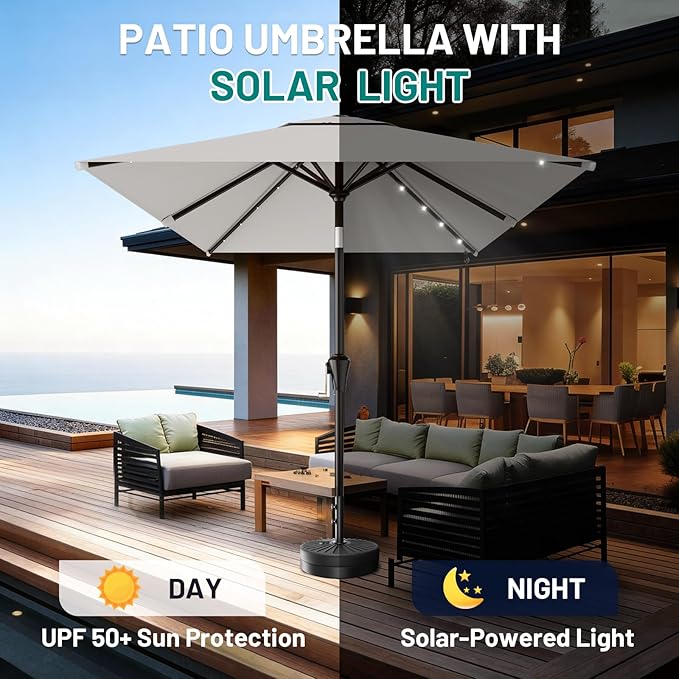 AreShark 6.5' x 10' Rectangular Patio Umbrella with Solar Lights, Solar Powered Lighted Market Umbrella w/Tilt and Crank, Outdoor Table Umbrella for Garden, Deck, Backyard, Pool and Beach, Light Gray