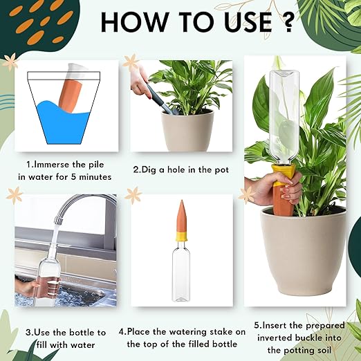 Ziliny 12 Pack Terracotta Watering Spikes Devices, Plant Self Watering Spikes with 25 oz Plastic Wine Bottles, Slow Release Vacation Insert Plant Waterer Devices for Indoor Outdoor