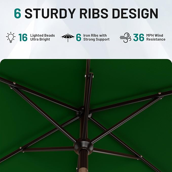 AreShark 6.5' x 10' Rectangular Patio Umbrella with Solar Lights, Solar Powered Lighted Market Umbrella w/Tilt and Crank, Outdoor Table Umbrella for Garden, Deck, Backyard, Pool, Dark Green