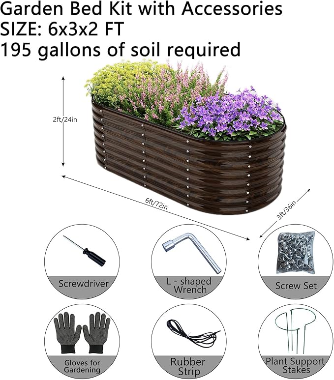ZFHgarden Galvanized Metal Planter Round Raised Garden Bed Kit for Gardening Outdoor Garden Box Raised Flower Bed 1CP Wooden Color 6X3X2F