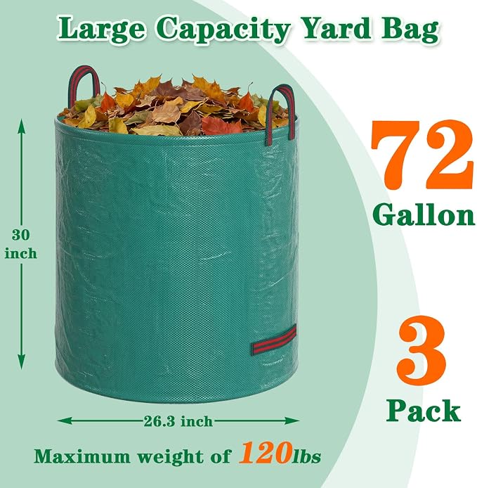 FEED GARDEN 72 Gallon Reusable Yard Waste Bags, 3 Pack | Heavy-Duty Woven Polypropylene, Stand Upright Design, Reinforced Handles, Ideal for Leaves, Grass Clippings & Garden Debris