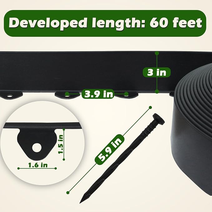 Gardzen Landscape Edging Kit, 60-Foot Long, 3-Inch Tall, No Dig Garden Edging Border for Flower Beds, Tree Rings, Pathways, Includes 24 Spikes