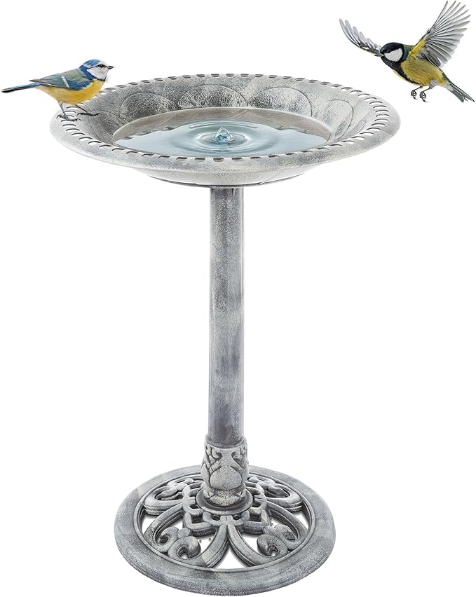 Outdoor Antique-Style Bird Bath - Weather-Resistant Polyresin Basin with Vintage Design and Ground Stakes - Yard and Patio Decor by Pure Garden (Gray)