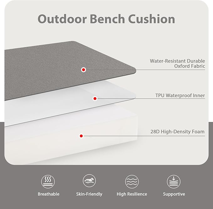 Favoyard Outdoor Bench Cushion 48 x 18 Inch Waterproof Patio Furniture Cushions 3-Year Color Fastness Garden Sofa Settee Couch Swing Pads with Handle and Attach Ties, Light Gray