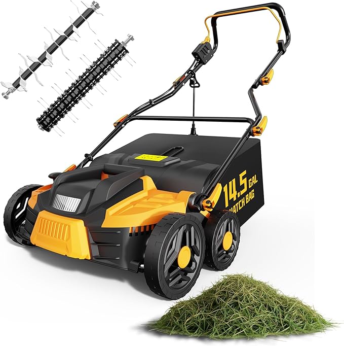 15.5 Amp 16-Inch Electric Dethatcher and Scarifier, Lawn Dethatcher with Foldable Design, 14.5-Gallon Bag, 5-Position Depth Adjustment, Quick Blade Replacement, Ideal for Healthy Lawn Care