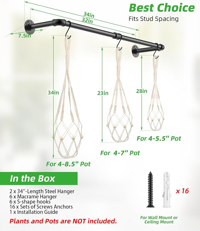 2Pcs Plant Hanging Rod, with 6Pcs Macrame Plant Hangers and 6 Hooks, 32" Plant Hanger Indoor, Hanging Planter for Indoor Plants, Window Wall Ceiling Plant Hanger (POTS & PLANTS NOT INCLUDED)