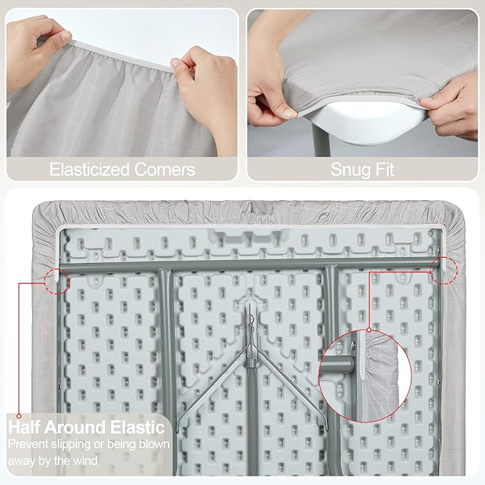 Picnic Table Cover with Bench Covers Camping Essentials Waterproof Windproof Camping Tablecloth with Drawstring Bag, Fitted Rectangle Tables and Seats, 72in, Beige Linen Texture