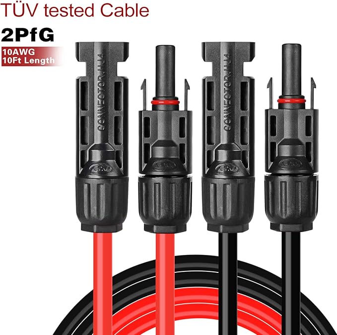 Solar Cables 10Feet 10AWG Solar Extension Cable,6mm² Solar Cable Wire with Female and Male connectors Weatherproof Tinned Copper Extension Cable Wire Adapter Kit (10ft Red + 10ft Black)