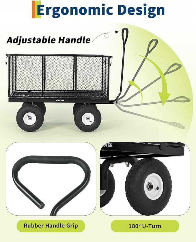 Garvee Versatile Outdoor Utility Cart-800LBS Heavy-Duty, 10" All-Terrain Pneumatic Tires, Easy Maneuverable Lawn Cart with Removable Mesh Panels for Gardening&Landscaping, Black, with Waterproof Liner