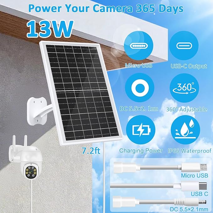 FUTUREZEN 13W Solar Panel for Security Cameras & Trail Cameras, USB-C, Micro USB & 5.5x2.1mm DC Output, IP66 Waterproof, 360° Adjustable Mount, 7.2FT Cable