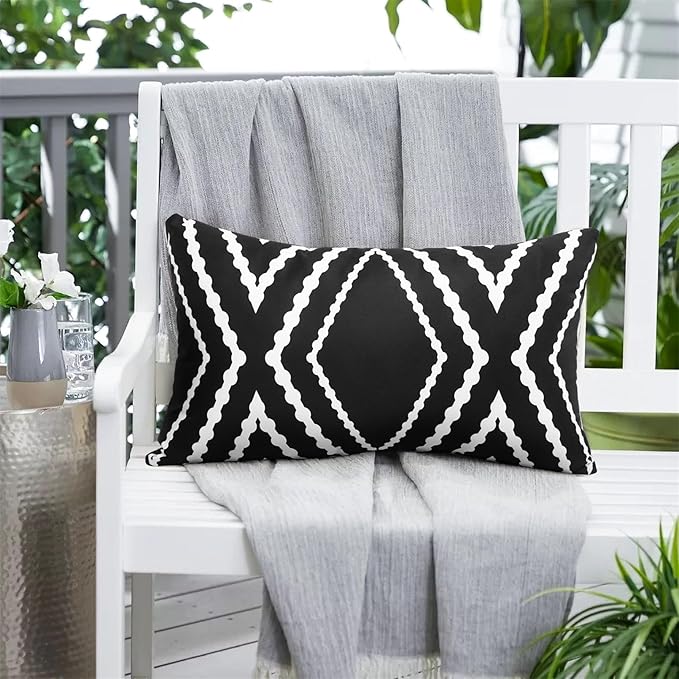 Adabana Outdoor Lumbar Waterproof Pillow Covers Set of 2 Boho Geometric Throw Pillows Cover for Patio Garden 12 x 20 Inch Black and White