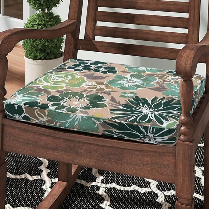 Magpie Fabrics Square Corner Seat Cushion, 18" x 18" x 2.5", 2 Pack, Indoor/Outdoor Waterproof Weather Resistant Universal Chair Pads for Patio Garden Dining - Green Floral
