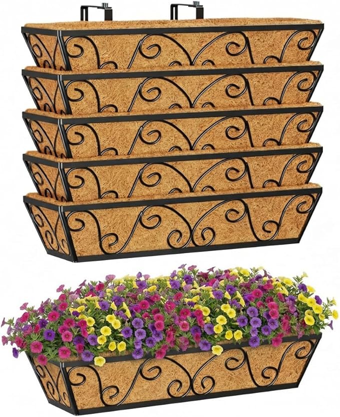 Y&M 24 Inch Large Window Box Planter with Coco Liner, Outdoor Deck Fence Porch Patio Planter-Butterfly