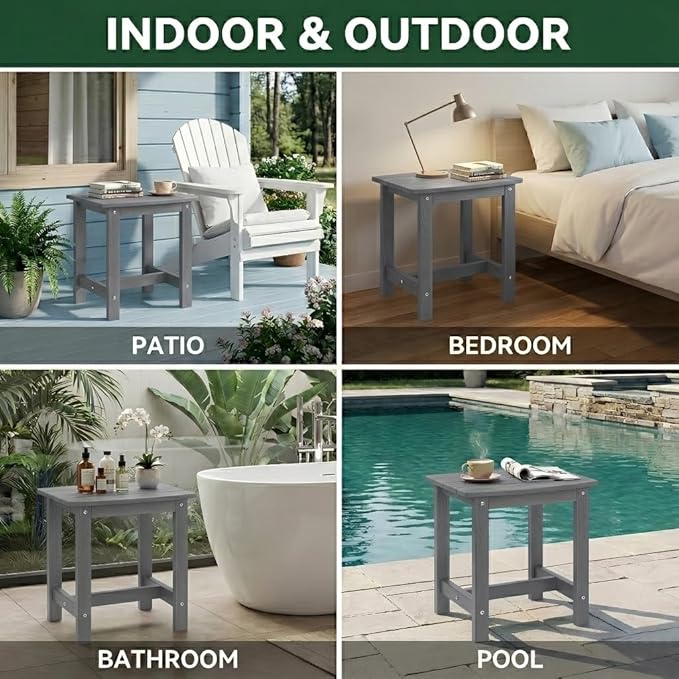 Y&M Outdoor Side Table, HIPS Adirondack Small Single Table, Waterproof Square Outside Table, Balcony Modern End Tables for Patio, Pool, Beach, Porch, Deck, Indoor or Outdoor Use, Dark Gray