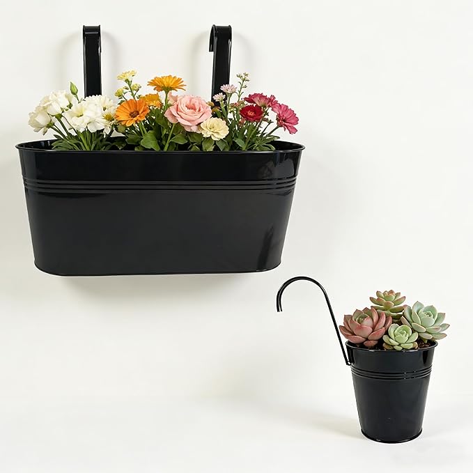 Set of 4 Outdoor Metal Railing Planters Box - 2 Pcs 5.12" Round Balcony Hanging Planter & 2 Pcs 17" Oval Fence Pot with Detachable Hooks Drainage, Black