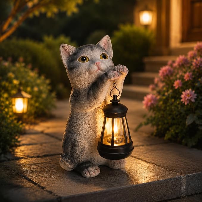 Solar Cat Garden Statue - Outdoor Cat Statues with Lantern Lights for Garden Yard Art Lawn Ornaments Porch Patio Balcony Home House Gardening Gifts for Women Grandma Mom