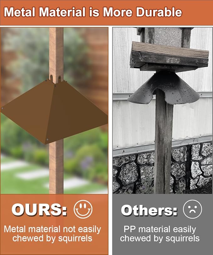 Metal Squirrel Baffle for 4x4 Post, Outside Wooden Pole Mount Squirrel Guards for Bird Feeders, 17 Inch Squirrels Deterrents Stopper to Deter Racoons, Brown, 2pcs, (Patented No.: D1069260)