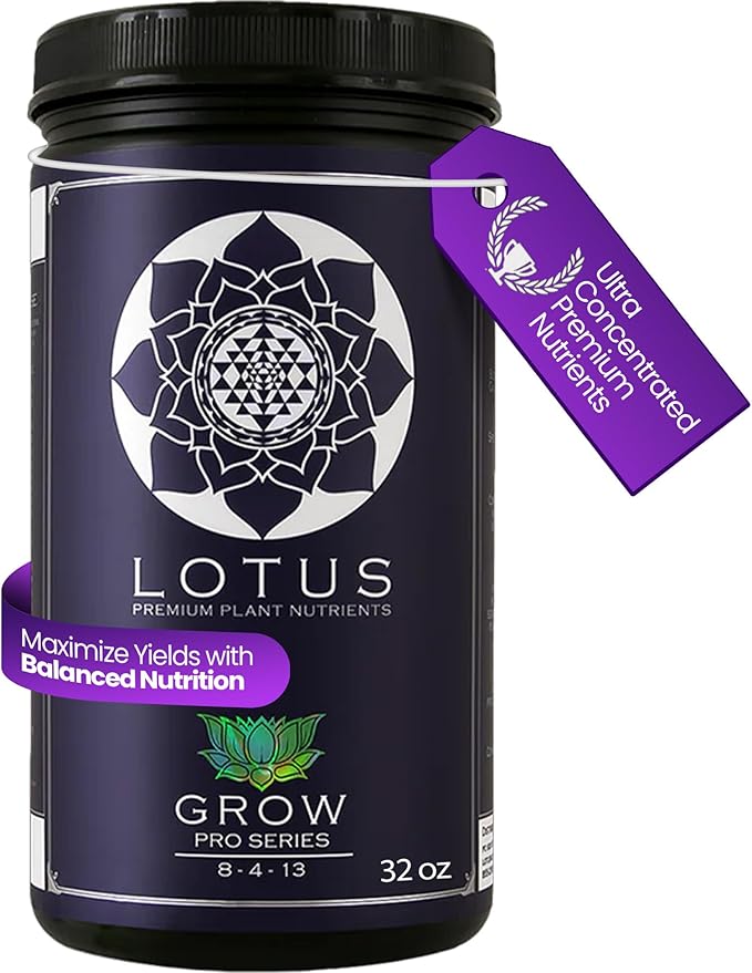 Lotus Nutrients Grow Pro Series, Water Soluble Plant Nutrient Powder, 14+ Ingredients with Chelated Micronutrients and Amino Acids, for Coco Coir, Hydroponics, Soil, Indoor and Outdoor Grows, 32oz