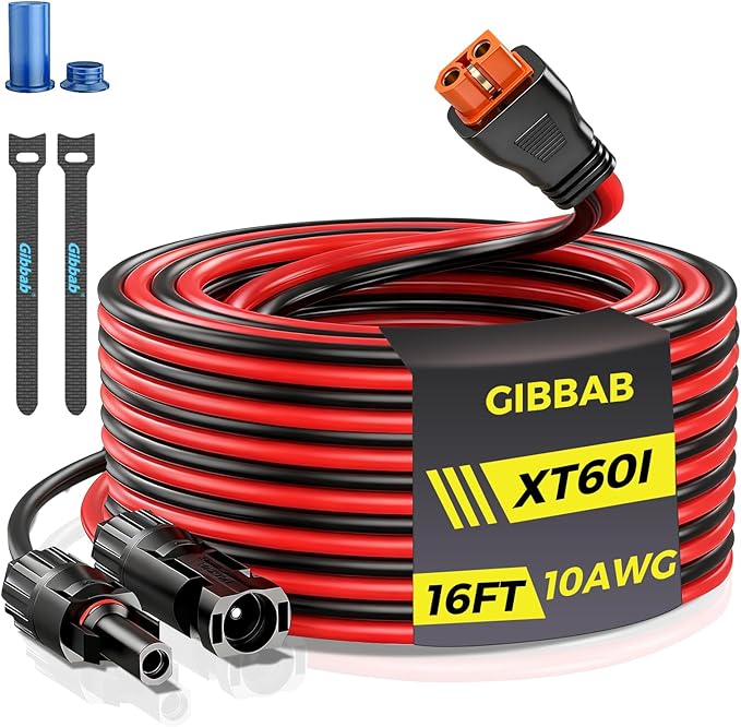 16FT 10AWG Solar to XT60i, Gibbab 3 6 10 16 20 25FT Solar Panel Connector to XT60i-F Adapter Extension Charging Cable for Portable EcoFlow River Delta Anker SOLIX Power Station Generator Battery RV