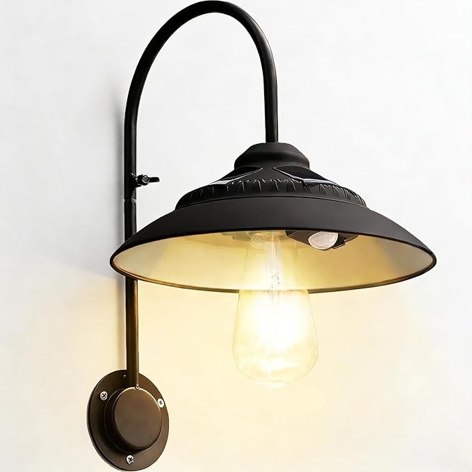 Goodeco Solar Barn Light with Motion Sensor - Metal Design Outdoor Lights - 4 High Efficiency Solar Panels with Clear Glass LED Edison Bulb, Perfect Chicken Coop Light & More (Black)