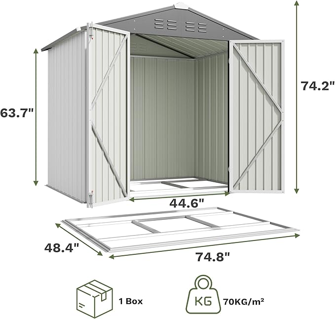 Greesum 6x4FT Outdoor Storage Shed with Base, Utility Tool Shed with Sloping Roof, Metal Storaged Garden Shed with Door & Lock for Patio Storage, White