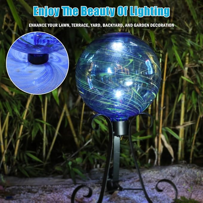 VCUTEKA Solar Gazing Ball, Glass Gazing Balls Sphere with Solar Light for Garden Lawn Outdoor Ornament Yard Decorative, Blue Swirl, 10"