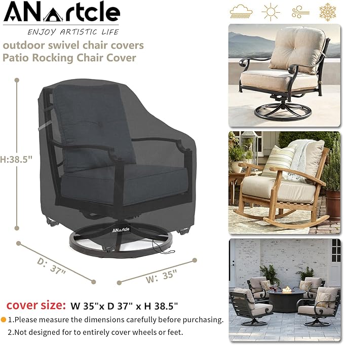 ANartcle Outdoor Swivel Lounge Chair Cover 2 Pack,600D Waterproof Heavy Duty Patio Chair Covers(35 W x 37 D x 38.5 H inches),Patio Swivel Chair Covers for Outdoor Furniture,Black.