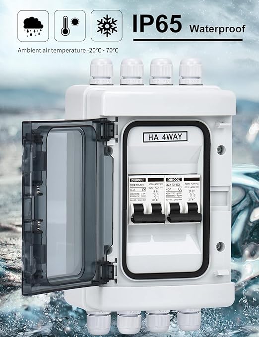 DIHOOL DC Circuit Breaker Box Cover, 40 Amp Electrical Power Distribution Box 2 in 2 Out, PV Solar Disconnect Switch