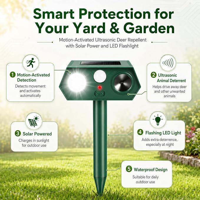 2026 Sonic Fortress Pro Deer Repellent Device Solar Ultrasonic Animal Repellent with Motion Sensor&Flash Light,Squirrel Fortress Pro Raccoon,Rabbit Repellent for Plants,Vegetables Yard 4 Pack