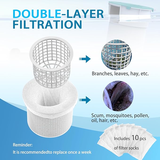 Surface Float Skimmer,No Installation Required, no Adjustable Bracket Required,Comes with 10 Filter Socks, Special Note: The Pool Pump Flow Rate Must not Exceed 2100 GPH (Turquoise)