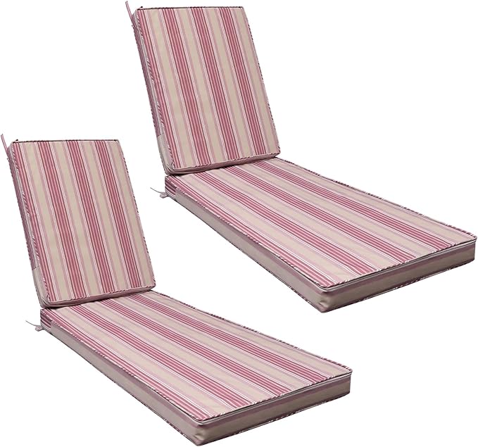 AAAAAcessories Outdoor Chaise Lounge Cushions, Fade-Resistant, Waterproof Patio Furniture Replacement Cushions, 74" x 23" x 3", Set of 2, Dusty Rose Garden Stripe