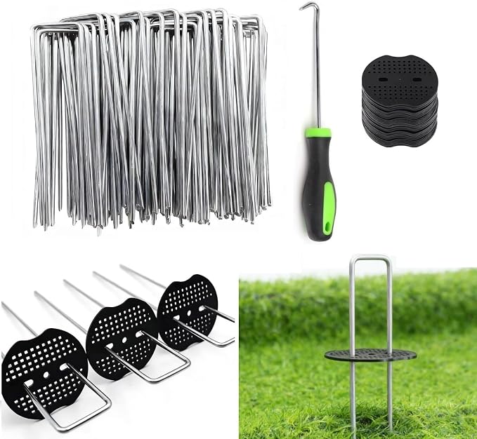 4 Inch 50 PCS Galvanized Landscape Staples with 50 PCS Gasket, Landscape Fabric Pins Stakes Lawn Ground Cover Graden Staples Spikes Weed Barrier Stakes
