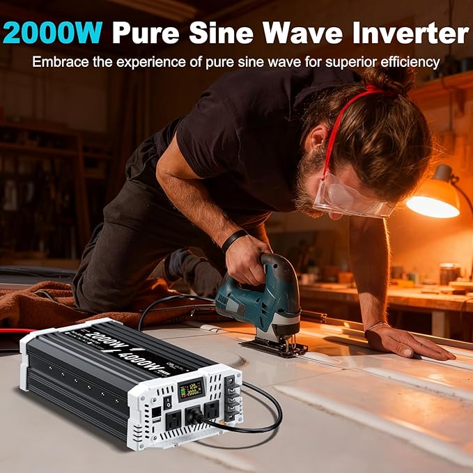 2000 watt Pure sine Wave Inverter, 12V DC to 110V AC Power Inverter, with 3 AC Output sockets, USB Port, Type-C Port, Remote Control with LCD Screen, Used for Solar Emergency Power Supply in RV Homes