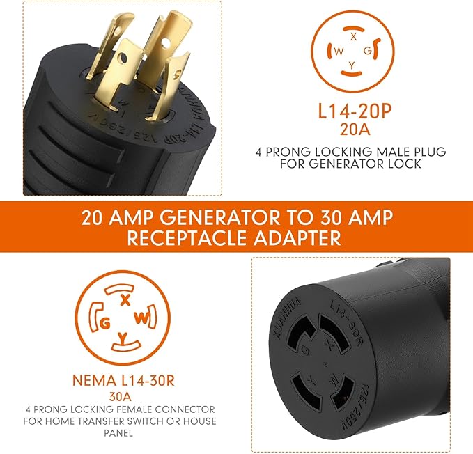 Kanayu NEMA L14-20P to L14-30R 20Amp to 30Amp Generator Adapter4 Prong Locking Generator 20Amp Male Plug to 30Amp Female Receptacle Adapter(Black)