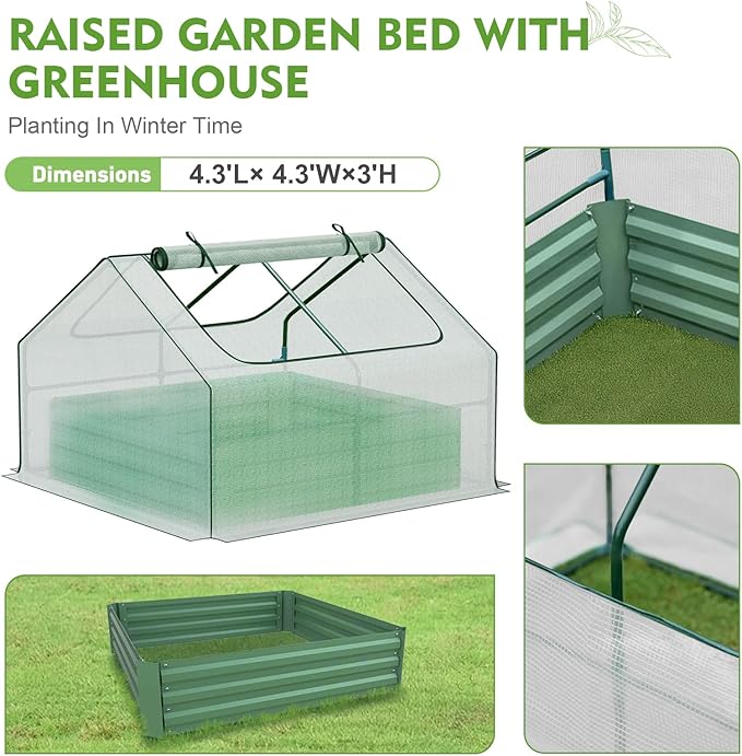 BPS Raised Garden Bed Set, 4x4x1 FT Metal Bottomless Flower Bed with PE Cover for Outdoor Planting, White