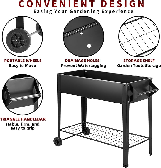 DNKMOR 32" Tall Raised Garden Bed Outdoor with Wheels & Storage Shelf or Mobility,Mobile Anti-Rust Steel Planters for Outdoor Plants,Planter Box for Vegetables/Flower/Herbs,Patio-Balcony-Backyard