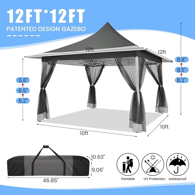 COBIZI 12x12 Pop up Canopy Gazebo on Clearance, Outdoor Canopy Tent with Mosquito Netting & Sandbags,Patio Portable Gazebo for Garden,Backyard & Lawn,Darkgrey