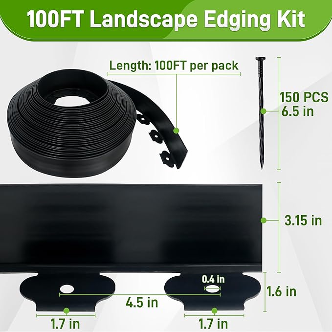 Quibbay 3.15" x 100' Landscape Edging, Flexible Garden Edging Borders with 150 Anchoring Spikes, Plastic Lawn Edging for Landscaping Garden Flower Beds Grass Yard Paver Pathway, Black