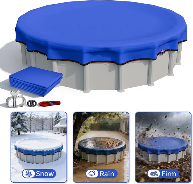 [Ultra Thick] 28FT Round Winter Pool Covers for Above Ground Pool Covers Easy Install 195GSM 500D,UV & Tear Resistant, Upgraded Heavy-Duty Winch, Reinforced Edges,Extra 4Ft Overlap
