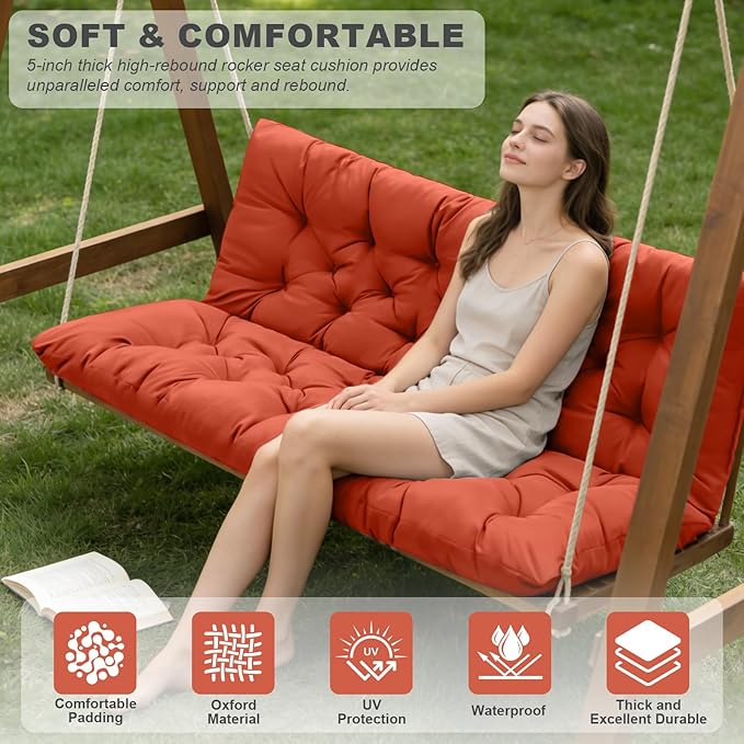 Porch Swing Cushions,Outdoor Cushions 3 Seater Replacement with Backrest, Waterproof Thickened Bench Cushion with Ties for Porch, Patio,Outdoor, Backyard and Garden (Orange 40 * 40 in)