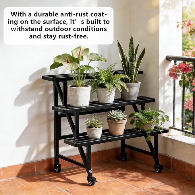 Metal Plant Stand with Wheels, 3-Tier Plant Rack,35.43" Wide Indoor Outdoor Flower Pot Rack, Black, 230 lb Capacity for Patio, Balcony, Living Room