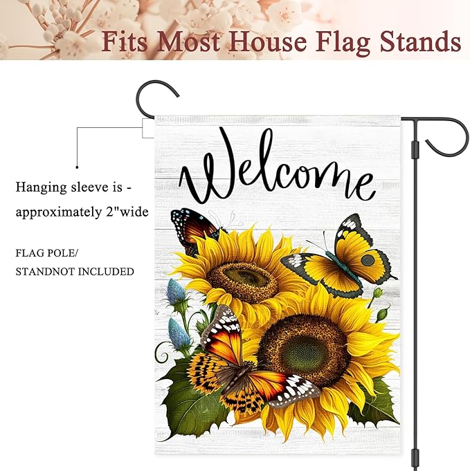 Summer Sunflower Butterfly Garden Flag 12x18 inch Double Sided Welcome Burlap House Flag, Small Outdoor Yard Flag for Garden Porch Farmhouse Decor