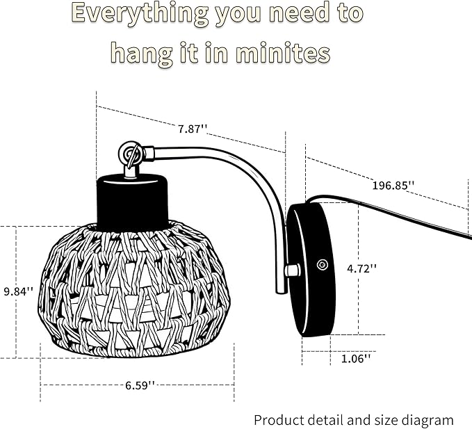 Hanging Grow Lights for Indoor Plants, Auto Cycle Timer, 18W Full Spectrum Wall Mounted Grow Light, Boho Rattan Lantern Shade, Adjustable Head, 16 FT Power Cord for Indoor Plant Growing, Flowers