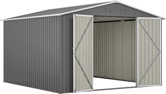 YOPTO 10×10 FT Outdoor Storage Shed,Metal Aluminum Waterproof Tool Sheds with Doors and Vents,Heavy-Duty Sheds Unit W/Lock and Key,for Storing Bicycles,Lawnmowers,Barbeques,Gray