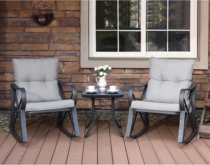 COSIEST 3 Piece Bistro Set Patio Rocking Chairs Outdoor Furniture w Warm Gray Cushions, Glass-Top Table for Garden, Pool, Backyard