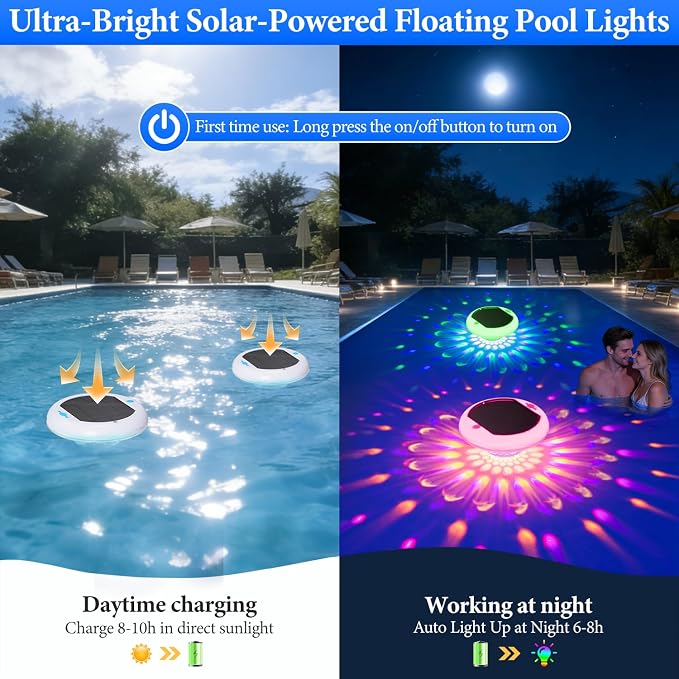 Floating Pool Lights Solar Powered, 6.7 Inch 13 RGB Upper & Lower Color Changing Solar Pool Lights that Float, 2600mAh Rechargeable IP68 Waterproof Pool Lights with Remote for Hot Tub Party 4 Pack