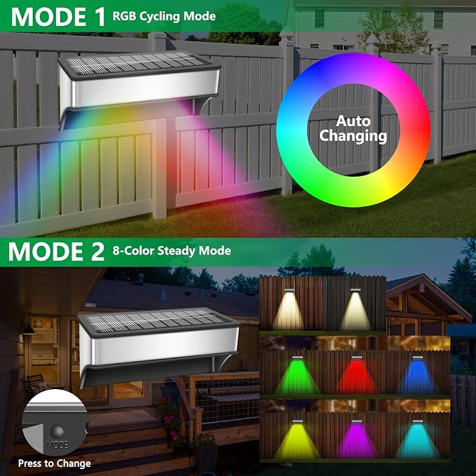 Solar Fence Lights Outdoor,4 Pack Step Lights Solar Powered with 9 Lighting Options, IP65 Waterproof, Deck Light Solar Powered for Outside/Backyard/Patio/Wall/Railing/Pool/Stair