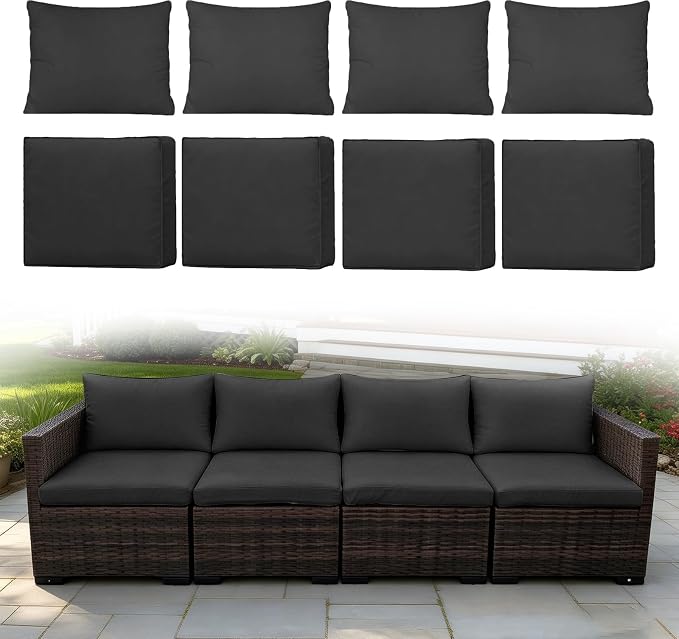 8 Pcs Outdoor Cushion Covers, Replaceable Waterproof Patio Furniture Covers, Outdoor Furniture Sofa Couch Covers with Zippers, Cover Only (8Pcs-Black, 24 * 24 * 3.15-inch)
